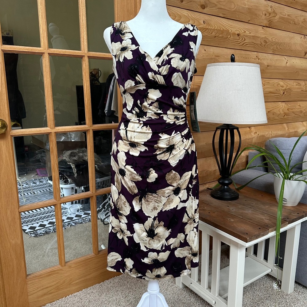 American Living Floral Print Sheath Dress Purple‎ Beige Black Size 6 - Picture 2 of 9